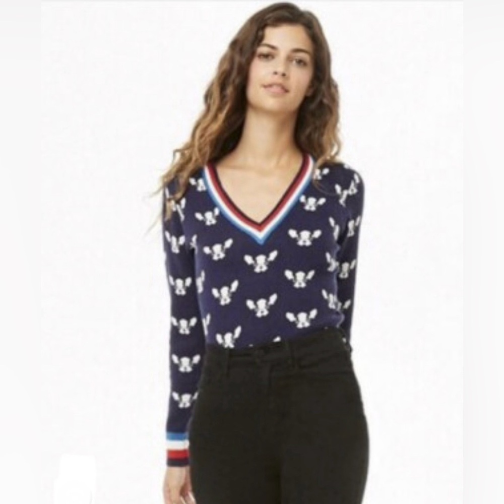 Forever 21 Womens French Bulldog Pullover V-neck Sweater -Size S